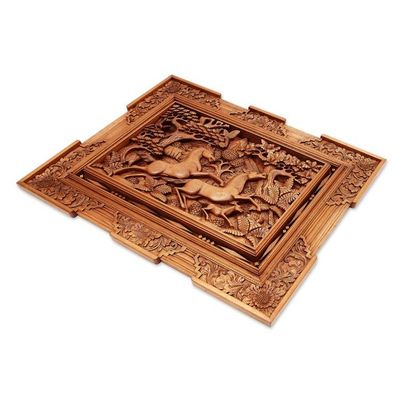 Alternate image for Hand Made Wood Relief Panel Racing Horses