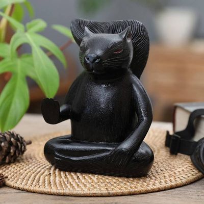 Main image for Hand-Carved Wood Sculpture of Meditating Squirrel in Black Blessing Squirrel in Black