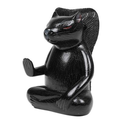 Alternate image for Hand-Carved Wood Sculpture of Meditating Squirrel in Black Blessing Squirrel in Black