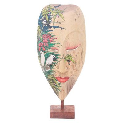 Alternate image for Hibiscus Wood Mask of Woman with Forest and Bird Motif Forest Beauty