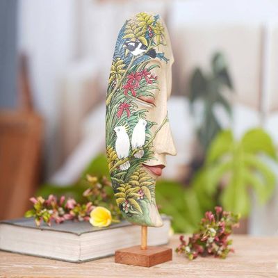 Alternate image for Hibiscus Wood Mask of Woman with Forest and Bird Motif Forest Beauty