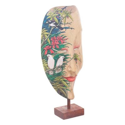Alternate image for Hibiscus Wood Mask of Woman with Forest and Bird Motif Forest Beauty