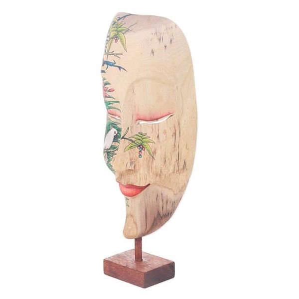 Alternate image for Hibiscus Wood Mask of Woman with Forest and Bird Motif Forest Beauty