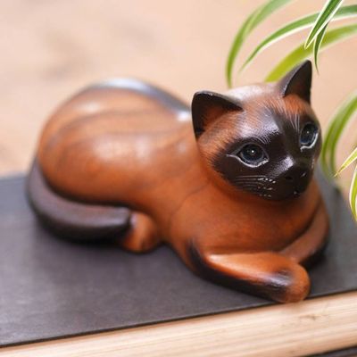 Main image for Bali Hand Carved Wood Sculpture of a Relaxed Siamese Cat Calm Kitty