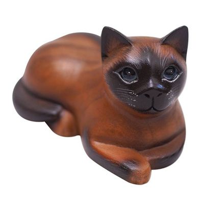Alternate image for Bali Hand Carved Wood Sculpture of a Relaxed Siamese Cat Calm Kitty