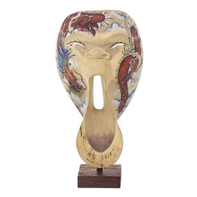 Alternate image for Dragon Theme Balinese Hibiscus Wood Mask on Stand Dragon Scream