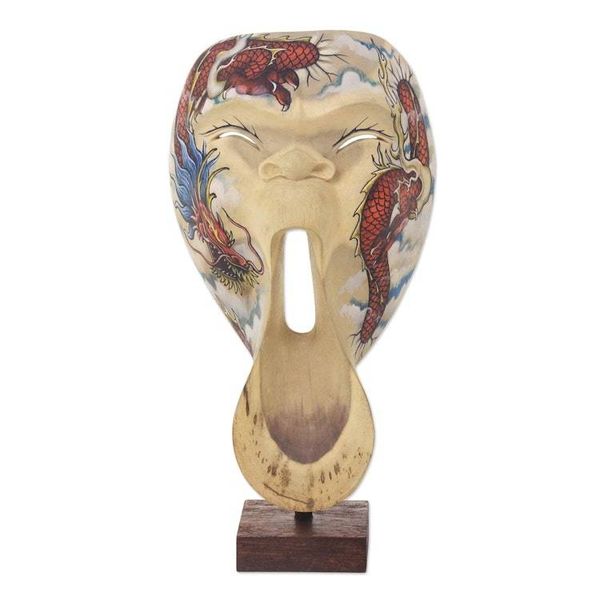 Alternate image for Dragon Theme Balinese Hibiscus Wood Mask on Stand Dragon Scream