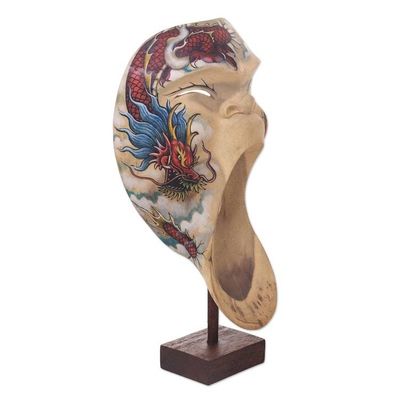 Alternate image for Dragon Theme Balinese Hibiscus Wood Mask on Stand Dragon Scream