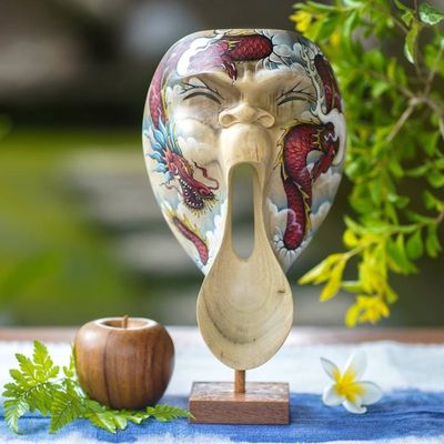 Alternate image for Dragon Theme Balinese Hibiscus Wood Mask on Stand Dragon Scream