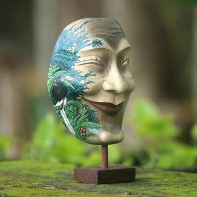 Alternate image for Hand Carved and Painted Modern Balinese Mask and Stand Blissful Smile