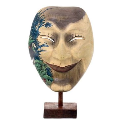 Alternate image for Hand Carved and Painted Modern Balinese Mask and Stand Blissful Smile