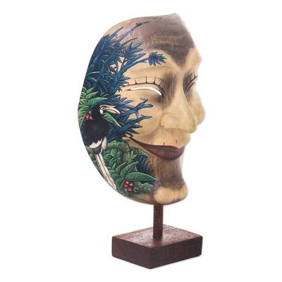 Alternate image for Hand Carved and Painted Modern Balinese Mask and Stand Blissful Smile