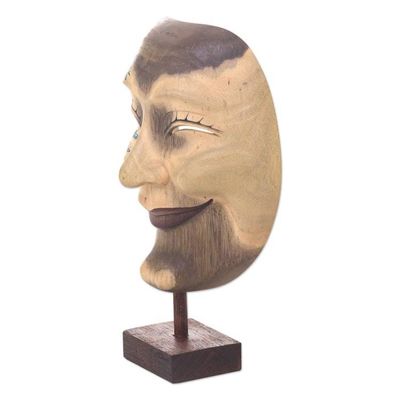 Alternate image for Hand Carved and Painted Modern Balinese Mask and Stand Blissful Smile