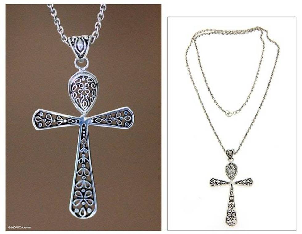Indonesian Sterling Silver Cross Necklace 'Blessings'