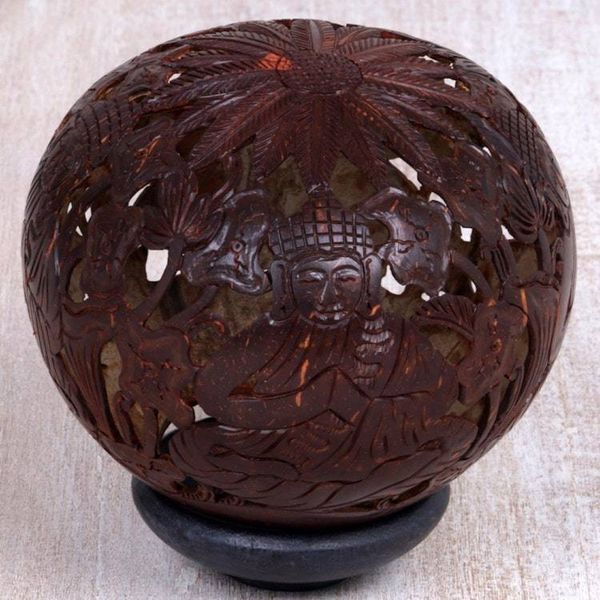 Alternate image for Coconut Shell Sculpture on Stand with Buddha Carving Buddhas Lore