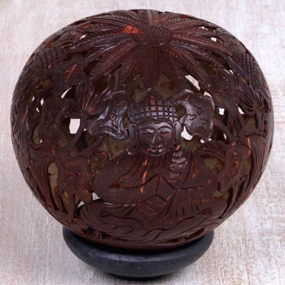 Coconut Shell Sculpture on Stand with Buddha Carving 'Buddha's Lore'