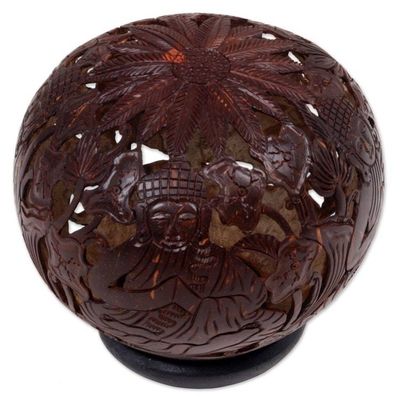 Alternate image for Coconut Shell Sculpture on Stand with Buddha Carving Buddhas Lore