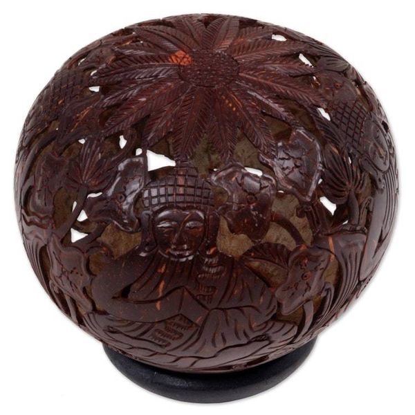Alternate image for Coconut Shell Sculpture on Stand with Buddha Carving Buddhas Lore