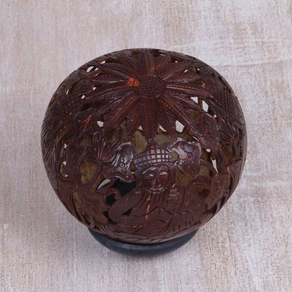 Alternate image for Coconut Shell Sculpture on Stand with Buddha Carving Buddhas Lore