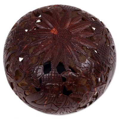 Alternate image for Coconut Shell Sculpture on Stand with Buddha Carving Buddhas Lore
