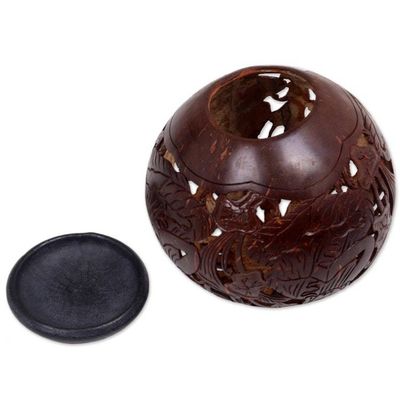Alternate image for Coconut Shell Sculpture on Stand with Buddha Carving Buddhas Lore