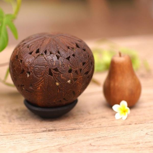 Alternate image for Coconut Shell Sculpture on Stand with Buddha Carving Buddhas Lore