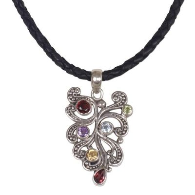 Alternate image for Multi Gemstone and Sterling Silver Pendant Necklace Tropical Fern
