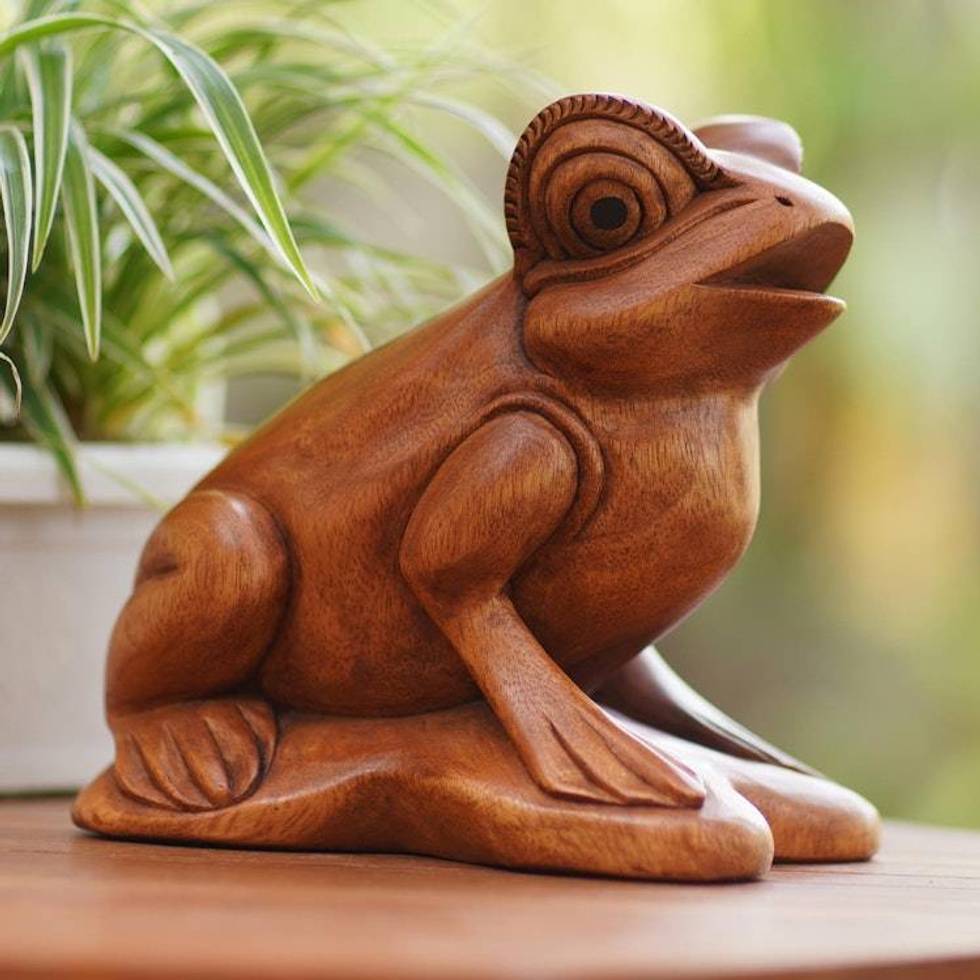 Handcrafted Suar Wood Frog Sculpture 'Jump Around'