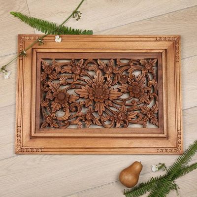 Primary image for Handcrafted Floral Wood Relief Panel Flower of Joy