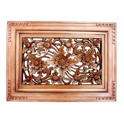 Alternate image for Handcrafted Floral Wood Relief Panel Flower of Joy