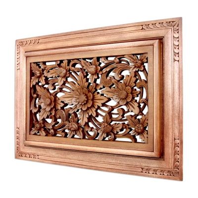 Alternate image for Handcrafted Floral Wood Relief Panel Flower of Joy