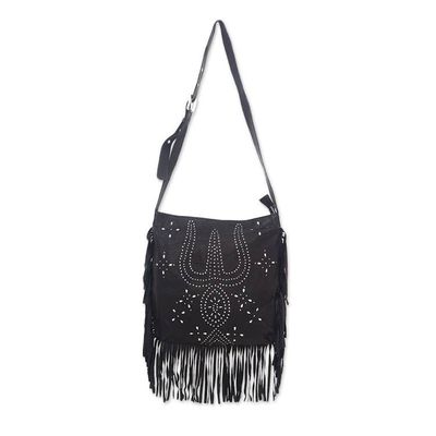 Alternate image for Constellation Motif Leather Shoulder Bag in Black from Bali Black Java Stars