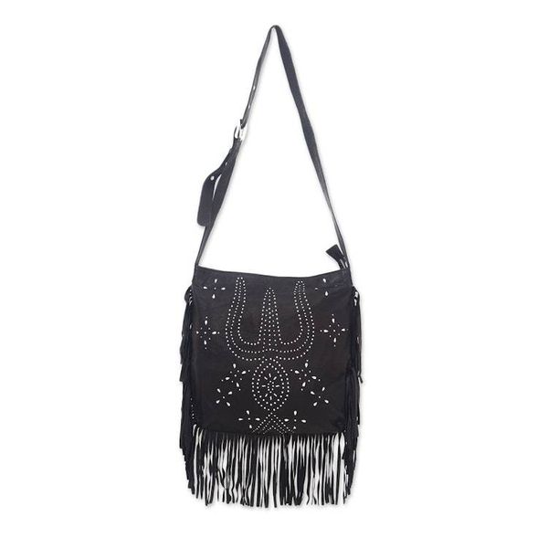 Alternate image for Constellation Motif Leather Shoulder Bag in Black from Bali Black Java Stars