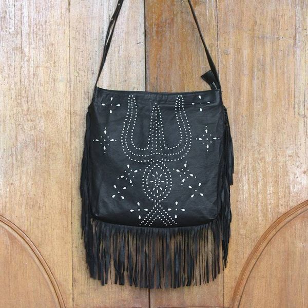 Alternate image for Constellation Motif Leather Shoulder Bag in Black from Bali Black Java Stars