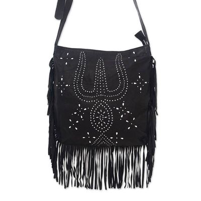 Alternate image for Constellation Motif Leather Shoulder Bag in Black from Bali Black Java Stars