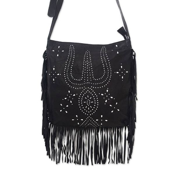 Alternate image for Constellation Motif Leather Shoulder Bag in Black from Bali Black Java Stars