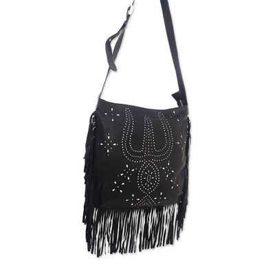 Alternate image for Constellation Motif Leather Shoulder Bag in Black from Bali Black Java Stars