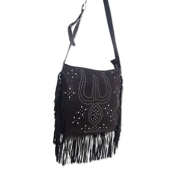 Alternate image for Constellation Motif Leather Shoulder Bag in Black from Bali Black Java Stars