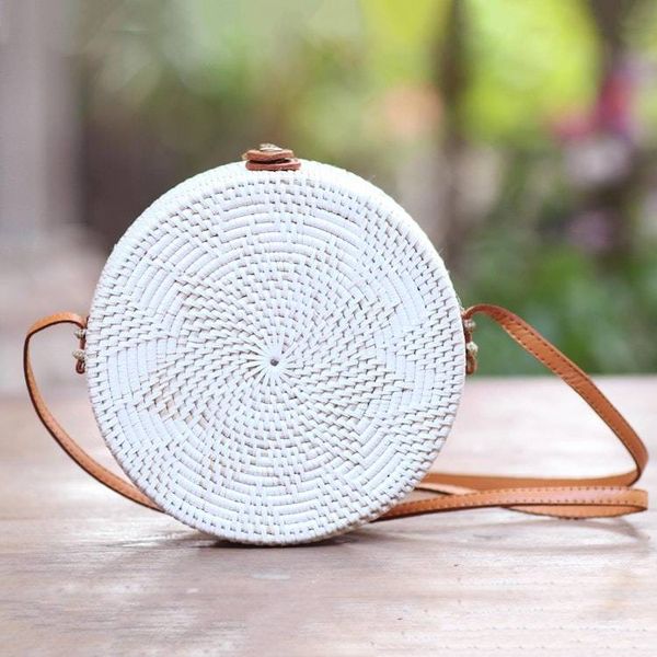 Alternate image for White Flower Pattern Round Woven Bamboo Shoulder Bag White Flower