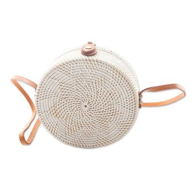 Alternate image for White Flower Pattern Round Woven Bamboo Shoulder Bag White Flower