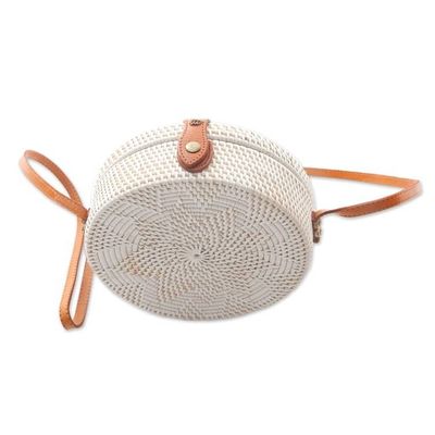 Alternate image for White Flower Pattern Round Woven Bamboo Shoulder Bag White Flower