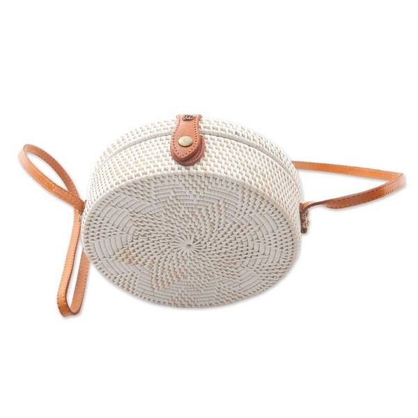 Alternate image for White Flower Pattern Round Woven Bamboo Shoulder Bag White Flower