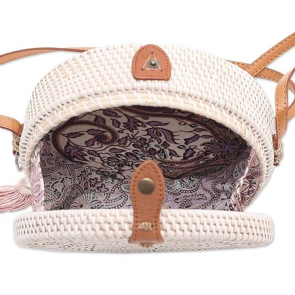 Alternate image for White Flower Pattern Round Woven Bamboo Shoulder Bag White Flower