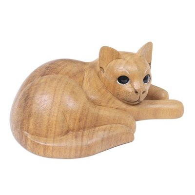 Alternate image for Hand Carved and Painted Yellow Tabby Cat Sculpture in Wood Marmalade Tabby