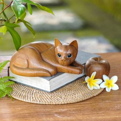 Alternate image for Hand Carved and Painted Yellow Tabby Cat Sculpture in Wood Marmalade Tabby