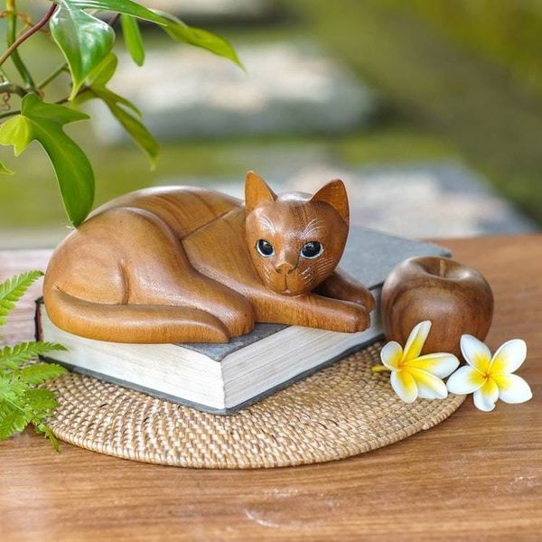 Alternate image for Hand Carved and Painted Yellow Tabby Cat Sculpture in Wood Marmalade Tabby