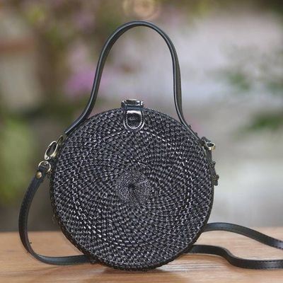 Primary image for Black Round Woven Bamboo Shoulder Bag or Handbag Pitch Black