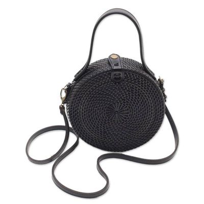 Alternate image for Black Round Woven Bamboo Shoulder Bag or Handbag Pitch Black