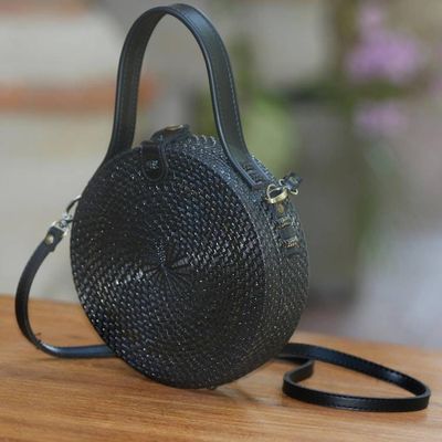 Alternate image for Black Round Woven Bamboo Shoulder Bag or Handbag Pitch Black