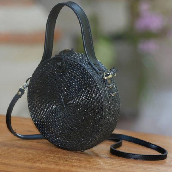 Alternate image for Black Round Woven Bamboo Shoulder Bag or Handbag Pitch Black